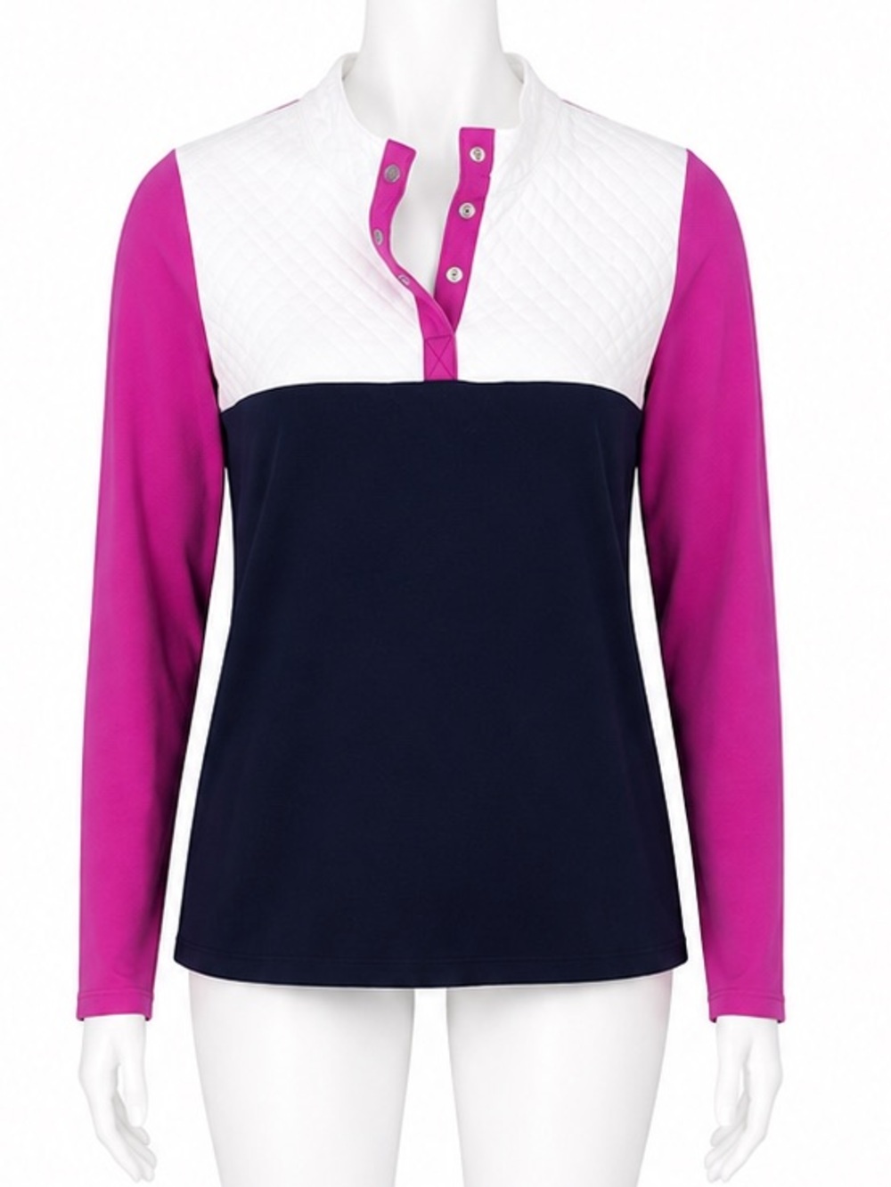T by talbots Colorblock Long-Sleeve Polo Top in Navy, White & Fuchsia size M